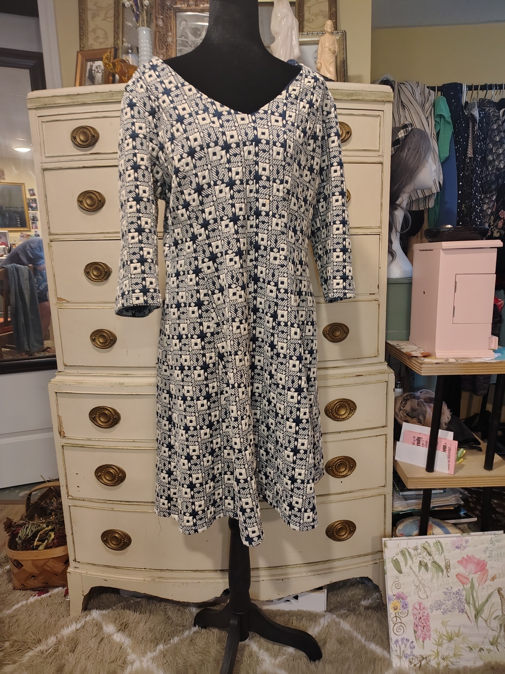 Taylor Navy and White Printed Long-Sleeve A-Line Dress